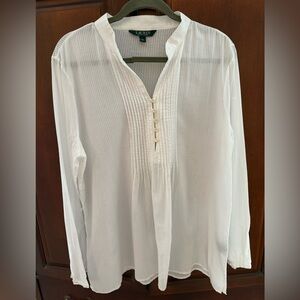 Lauren pintuck tunic style blouse white with white pin stripe Sz L
